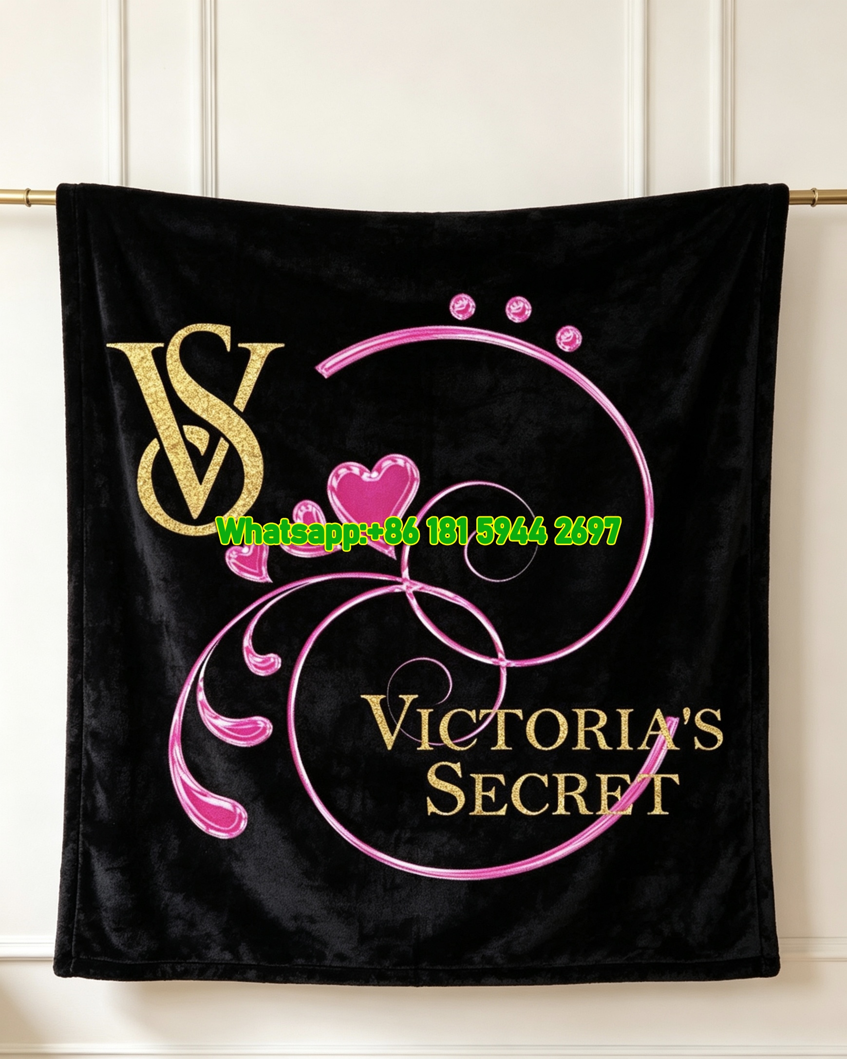 Victoria's Secret Gold Glitter VS Logo Flannel Fleece Throw Blanket V019